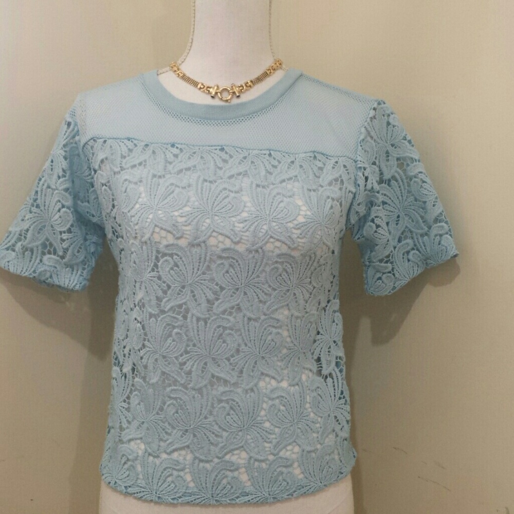 Loft mesh lace powder blue blossom top sz XXSP - Picture 1 of 5